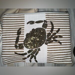 NWT Mud Pie Beige Striped Gold Sequined Crab Make Up Bag/Clutch w Zipper Tassel
